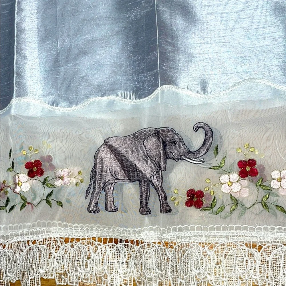 NEW 3 pc. Grace Embroidery Curtains Set: 2 Tiers & Swag, ELEPHANTS w FLOWERS